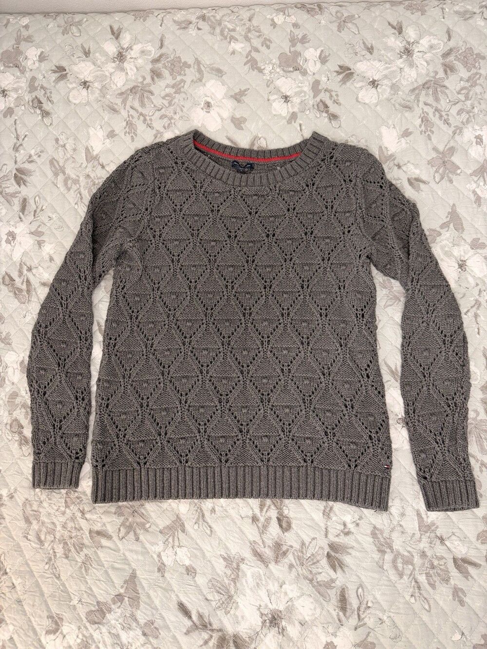 Tommy Hilfiger Women's Large Gray Pointelle Knit Cotton Sweater Crew Neck